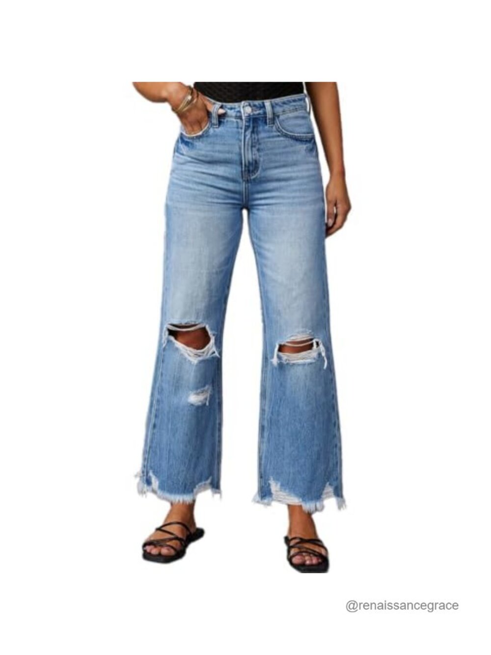 Women's Ripped Bell Bottom Jeans High-Rise Distressed Raw Edge Hem Wide Leg